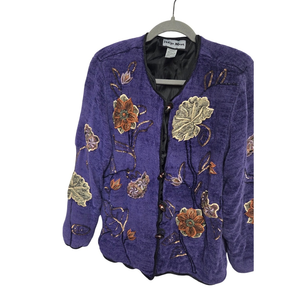 Vintage 90s Phoebe Indigo Moon Purple Embroidered Floral Velvet Jacket Women's